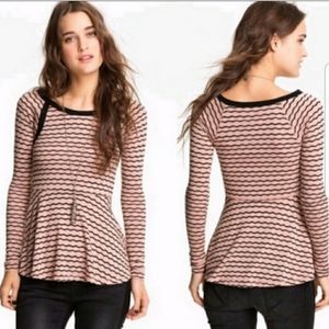 Free People Wavy Striped Pointelle Peplum Sweater Pink & Black